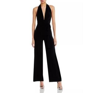 NORMA KAMALI Black Stretch Jersey Plunging V-Neck Halter Wide Leg Jumpsuit Large